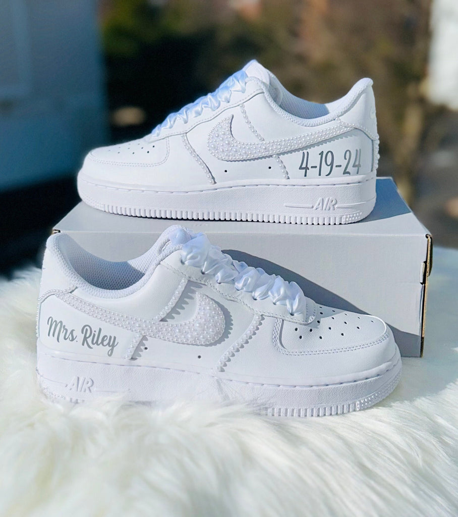 Custom Air Force 1 Pearl Diamond Wedding Shoes